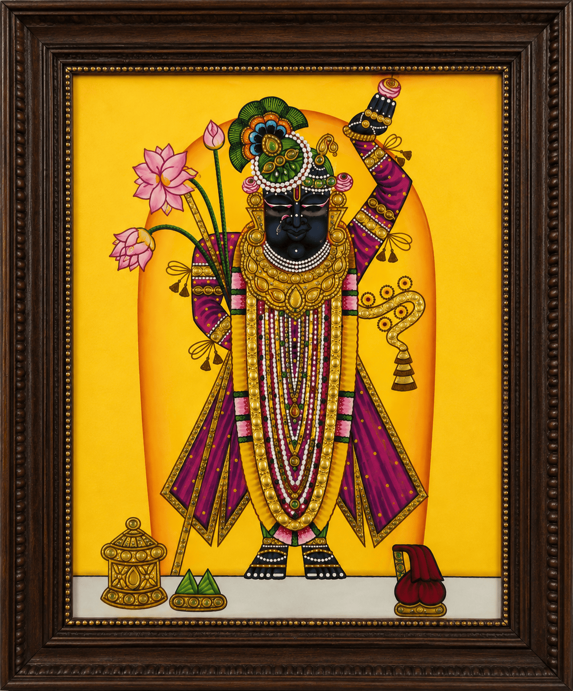 Shrinathji Tanjore Painting with Gold Foil and Lotus — Handmade by Nathdwara Artisans